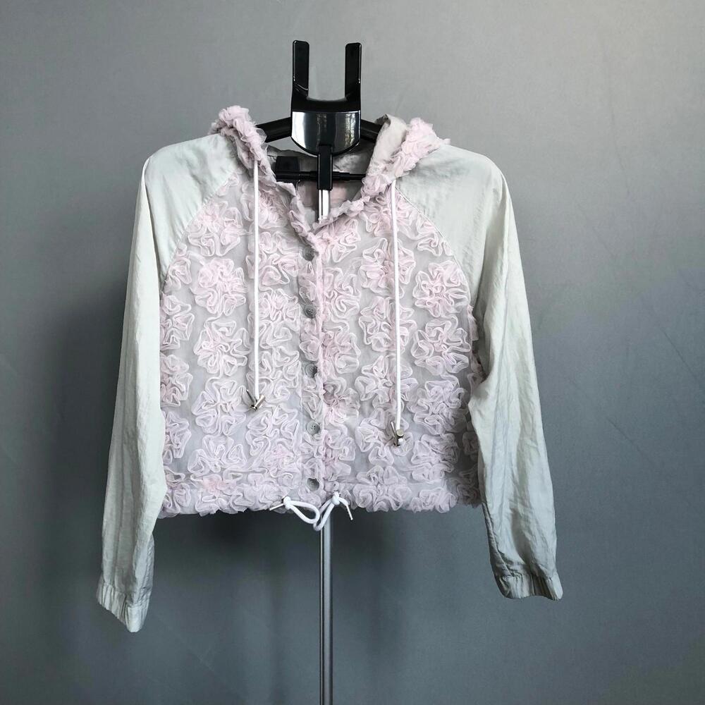 Pink & Gray Lace Crop Hooded Jacket Windbreaker from Siweol107
